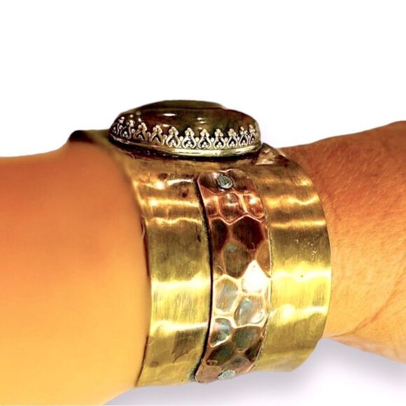 Unakite Stone Mix Metal Hand Hammered Stylish Custom Cuff Bracelet NEW - Picture 5 of 5
